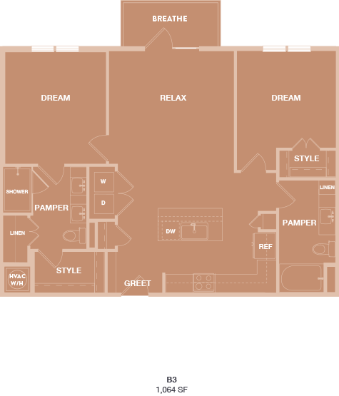 Floor plan for 2 beds, 2 baths, 1064 sqft